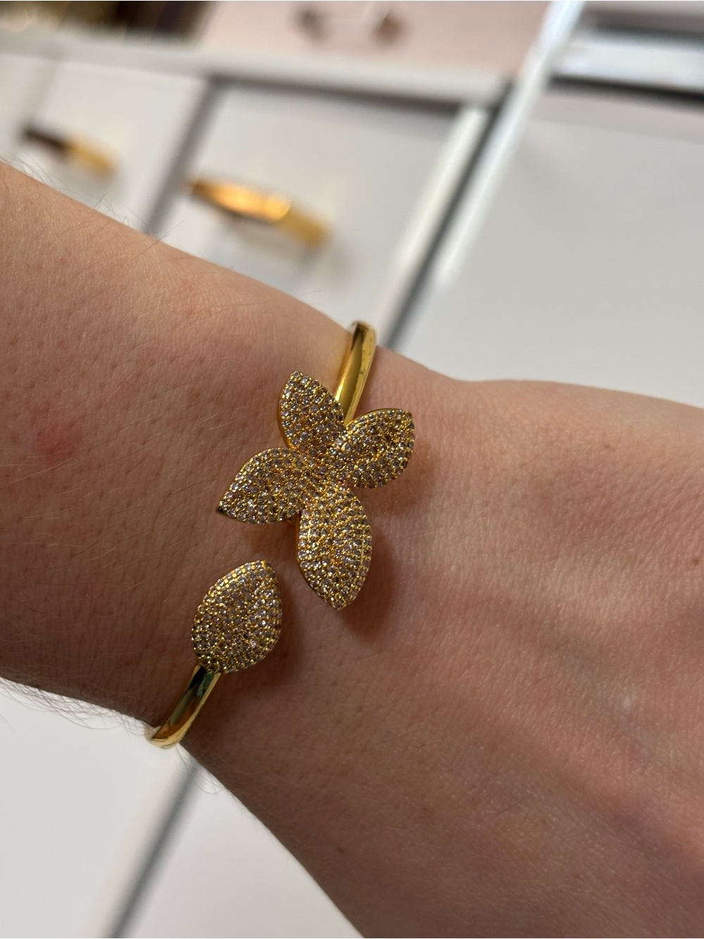Gold Pavé Flower Cuff Bracelet - Women Jewelry